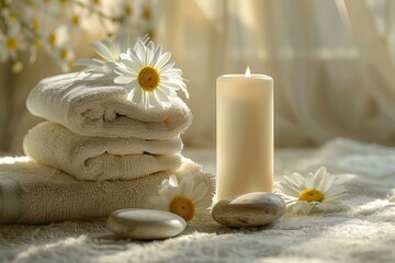 Flower, candle, towel bed sit on - Powered by Adobe