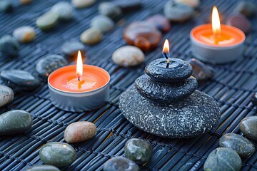 Candles lit on black mat with rocks and stones