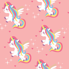 Seamless pattern with unicorns and stars on pink background. 