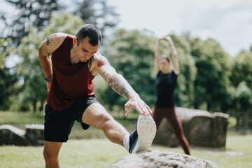 Focused mature man stretching his leg on a rock with tattooed arms in focus in a park setting, as a...