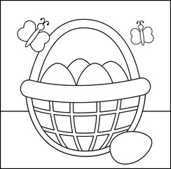 Coloring page. Basket with eggs. Black and white Easter. Vector.