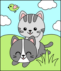 Landscape with happy kittens on the lawn. Childish illustration. Cartoon, vector