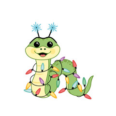 Cheerful snake in lights. Snake in garland. Snowflakes. Cartoon, vector