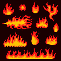 Nuclear explosion. Pixel art 8 bit fire objects. Mushroom cloud. Game icons set. Comic large boom flame effects. Bang burst explode dynamite. Lit match and bonfire. Digital icons. Vector illustration.