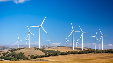 A large group of wind turbines are lined up on a hillside
