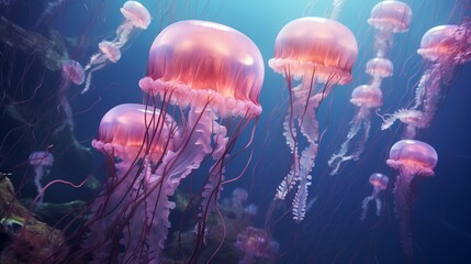 A group of jellyfish are floating in the ocean