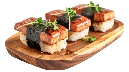 Spam musubi with garnish on wooden plate and white background