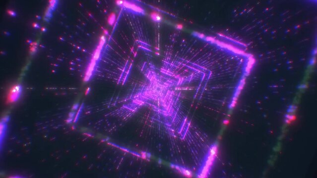 Futuristic Tunnel with Neon Lights. Beautiful Abstract Square Tunnel with Pink Light Lines Moving Fast