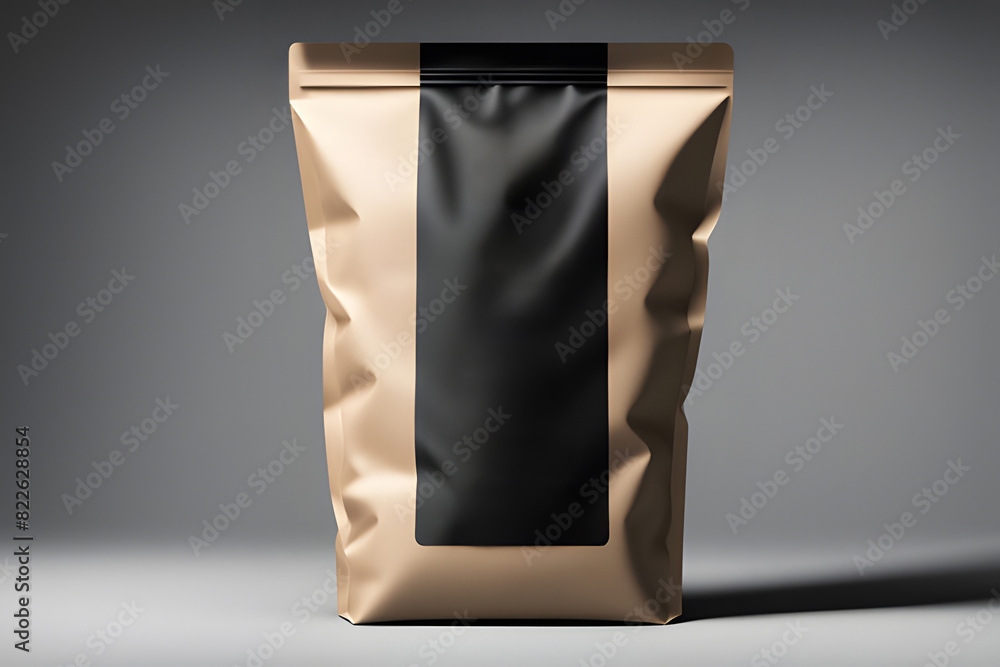 Wall mural pouch coffee tea brown black matte stand-up pouch packaging black label empty product mockup isolate