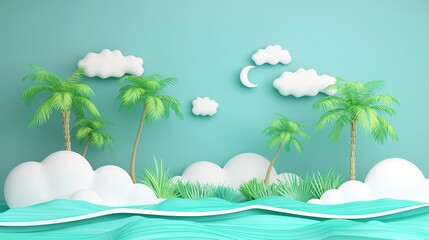 Tropical summer 3d background with palm trees, sea and clouds