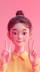 3d woman character in eyeglasses showing peace sign