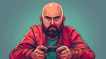 Cartoon bald guy with beard playing video games