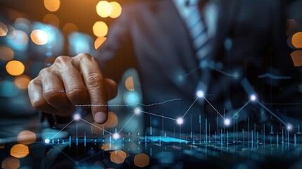 Businessman analyzing financial data on digital screen.