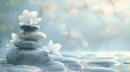 Stack of stones with white flowers placed in the water, creating a serene and harmonious still life composition