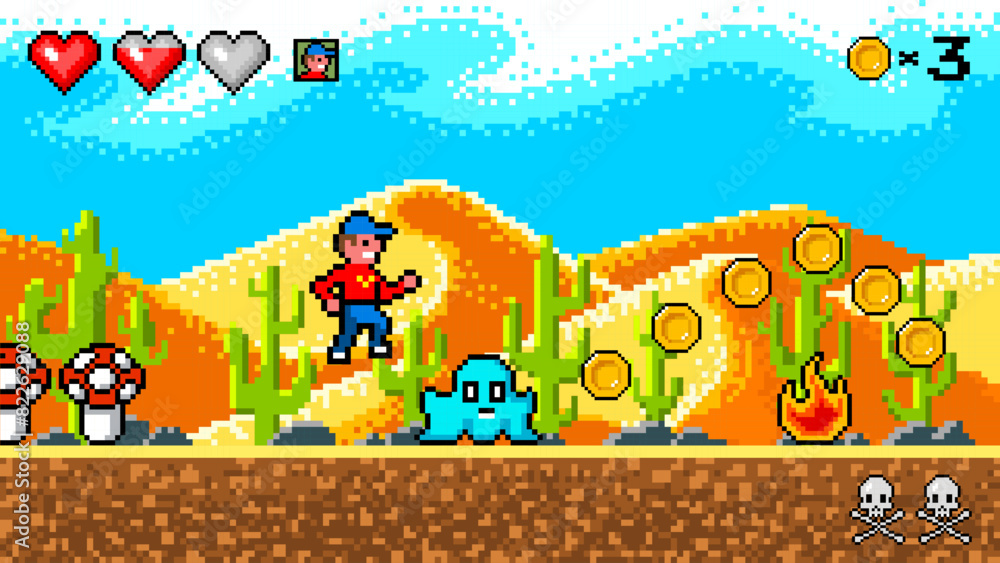 Fototapete pixel desert. the game character collects coins. passing levels and number of lives. art 8 bit objec