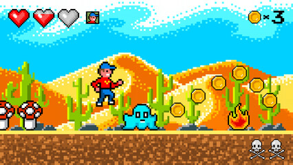 Pixel desert. The game character collects coins. Passing levels and number of lives. art 8 bit objects. Background for the application or a website. Retro game poster for computer video arcades.