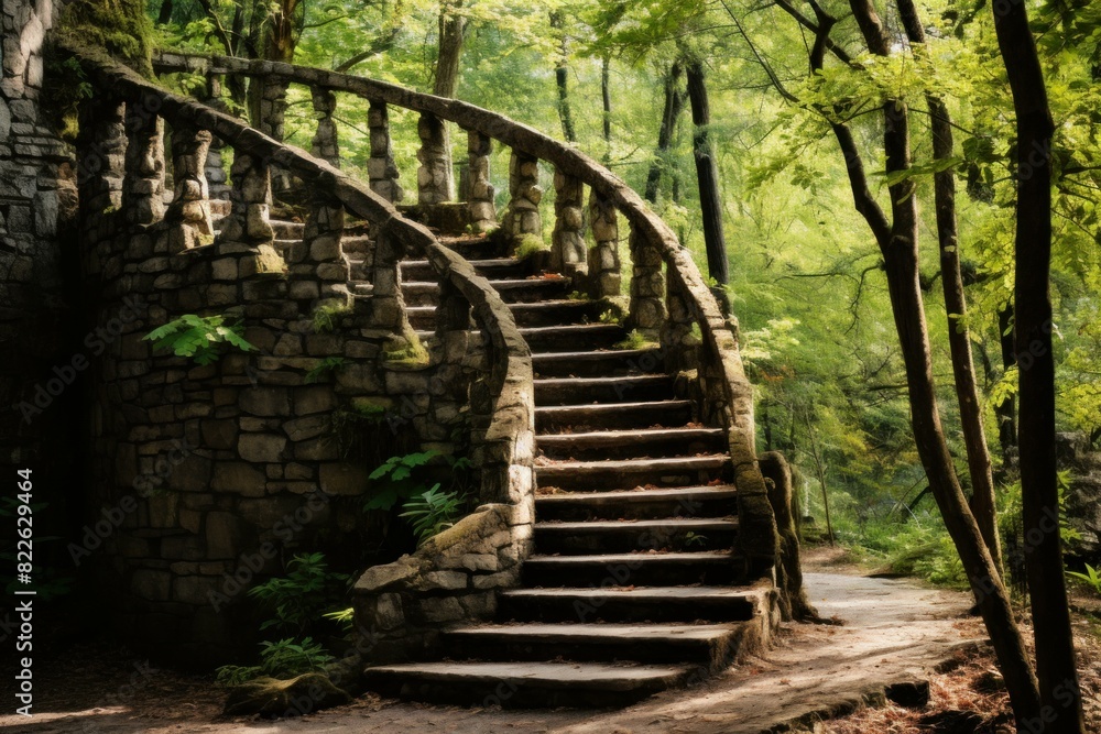 Poster discover the ancient stone staircase in the enchanted and mystical forest surrounded by lush foliage