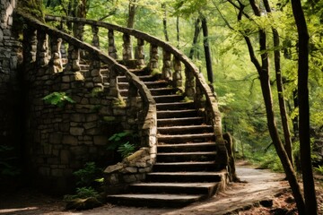 Discover the ancient stone staircase in the enchanted and mystical forest surrounded by lush foliage and greenery. Creating a serene and tranquil trail through the old