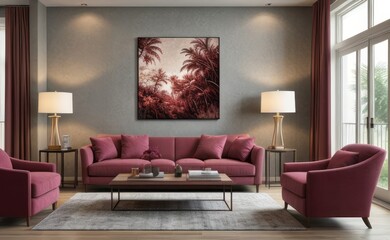 Sophisticated professional photograph of a burgundy and rose gold luxury living room interior with abstract art and indoor palm trees