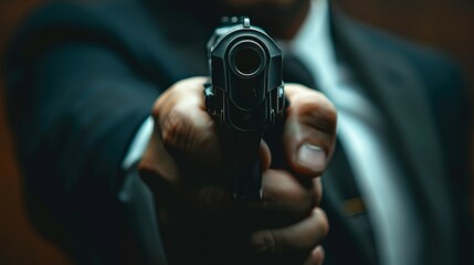 A man is holding a gun and wearing a suit, armed robber or dangerous burglar