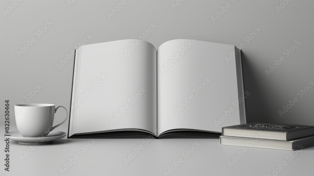 Poster a book is open on a table with a cup next to it, mockup