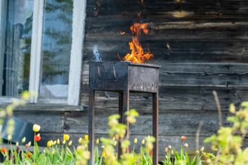 Rustic Grill Ignites Amidst Blooming Spring Garden