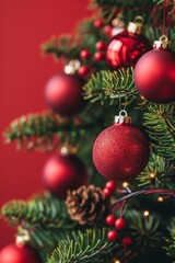 Obraz premium Festive christmas tree and sparkling bokeh lights on red canvas background for merry christmas card