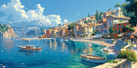 Picturesque Coastal Town with Vibrant Colors - Generative AI