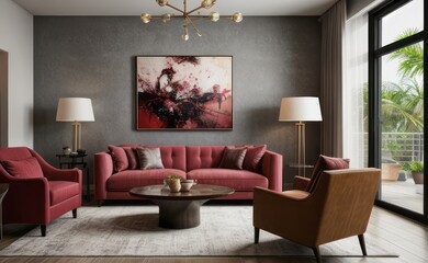Sophisticated professional photograph of a burgundy and rose gold luxury living room interior with abstract art and indoor palm trees