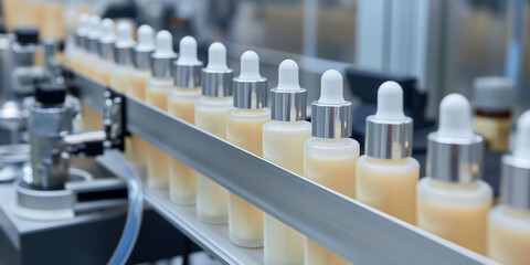 Obraz premium A banner of a production line with moving dropper bottles, in beige colors, themes of medical industry and healthcare development.