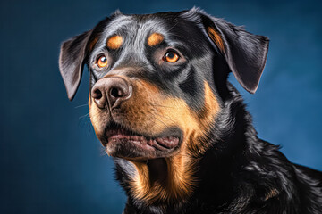 Obraz premium Rottweiler in studio setting against black backdrop, showcasing their playful and charming personalities in professional photoshoot.