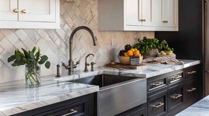 a black and stainless steel faucet, white and black cabinets, a marble counter with dÃ©cor, and a backsplash of herringbone tiles all feature in this kitchen sink detail.