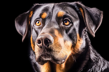 Fototapeta premium Rottweiler in studio setting against black backdrop, showcasing their playful and charming personalities in professional photoshoot.