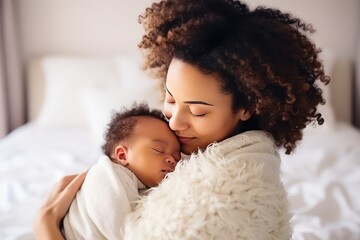 Close-up photo of a beautiful young African American mother embracing her healthy newborn baby. Mother's day.