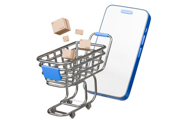 3d Shopping cart with smartphone and cardboard box icon isolated on blue background. Online shopping delivery business e-commerce store and social media application concept. Minimal design. 3D render.