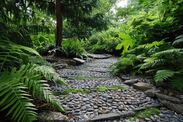 Naklejka premium Stone Garden. Designer Park with Green Plants and Trees in a Stone-laden Landscape