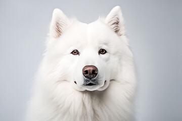 Samoyed in studio setting against white backdrop, showcasing their playful and charming personalities in professional photoshoot.