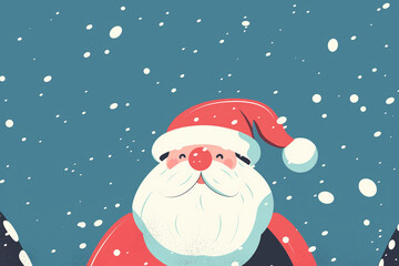 A cartoon of Santa Claus standing in the snow with a smile on his face