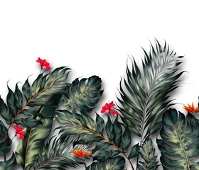 Fototapeta premium Horizontal tropical leaves pattern. Exotic leaves background.