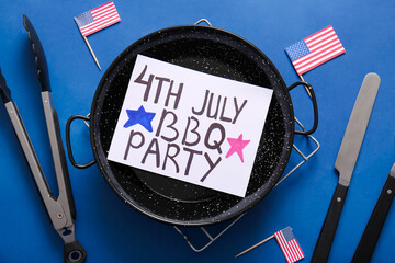 Card with text 4th JULY BBQ PARTY, barbecue utensils and USA flags for Independence Day celebration...
