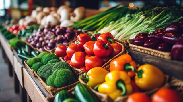 Farmers market counter colorful variety of fresh vegetables