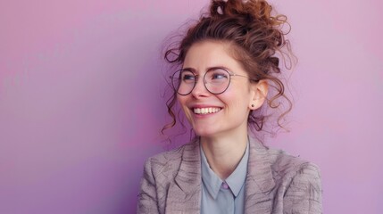 young happy cheerful professional dutch business woman, happy laughing female office worker wearing glasses looking away, light lila background