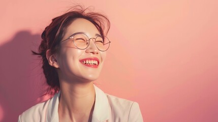 young happy cheerful professional south korean business woman, happy laughing female office worker wearing glasses looking away, light lila background, 16:9