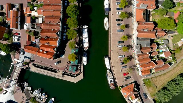 Top-down aerial view of a canal in the fortified city of Brielle, Netherlands.