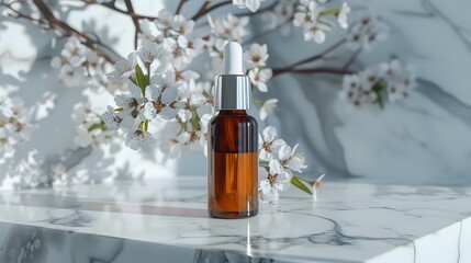 Elegant Kojic Acid Serum Bottle on Marble with Delicate White Flowers