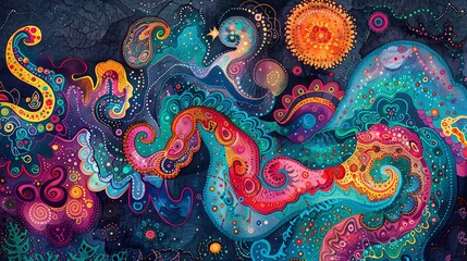 A colorful painting of a spiral with a sun and stars