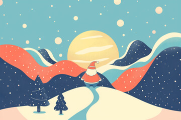 A cartoonish scene of a mountain range with a santa wearing a hat and a red suit