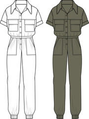 Women's Button Through, Short Sleeve Utility Jumpsuit. Technical fashion illustration. Front, khaki, and white color. Women's CAD mock-up.