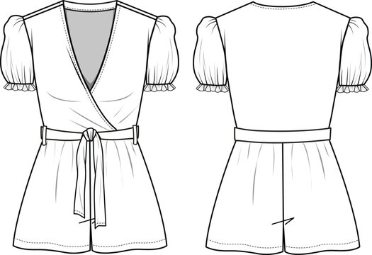 Women's Puff Sleeve Wrap Playsuit. Technical fashion playsuit illustration. Flat apparel playsuit template front and back, white color. Women's CAD mock-up.