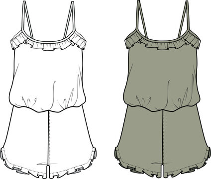 Women's Strappy, Frill Detailed Playsuit. Technical fashion illustration. Front, white, and khaki color. Women's CAD mock-up.